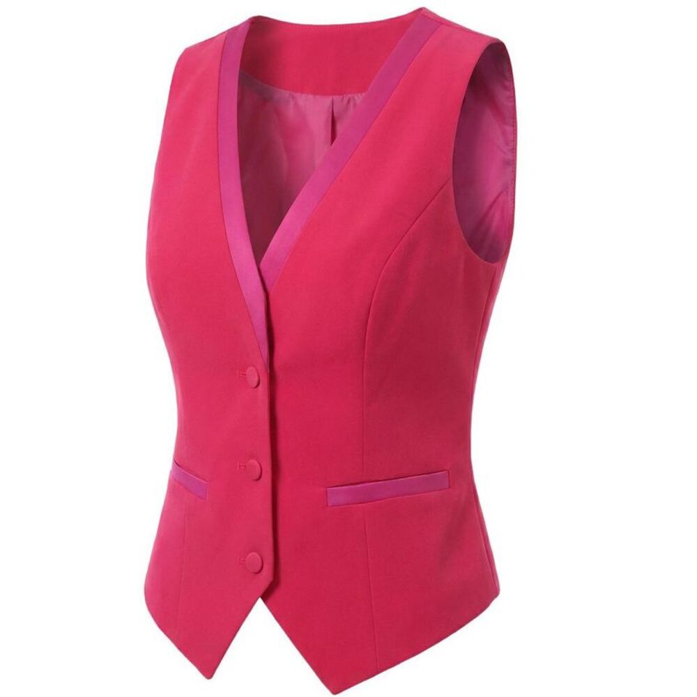 INSPIRE CHIC Women's V Neck Sleeveless Retro Waistcoat Vest Small Hot Pink